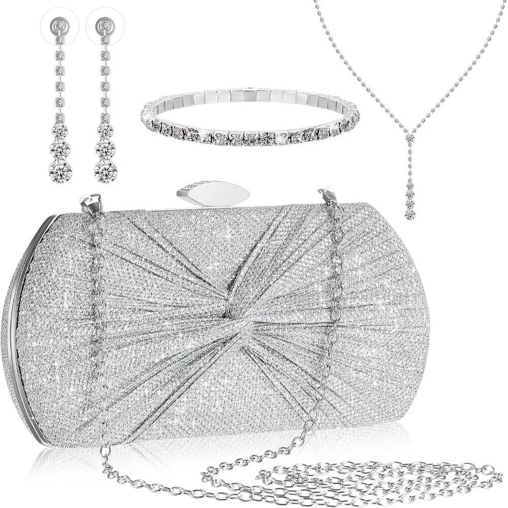 Silver Jewelry Set with Clutch Bag Necklace Earrings Bracelet for Bridal
